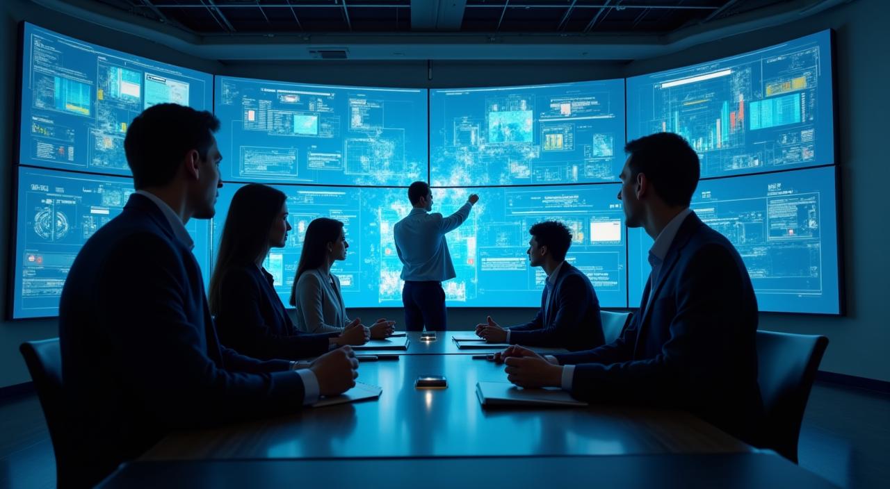 Team collaborating over digital data visualizations in a modern office